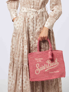 SAINT BARTH Borsa a Mano Colette Raffia In Rafia Con Ricami Rosa